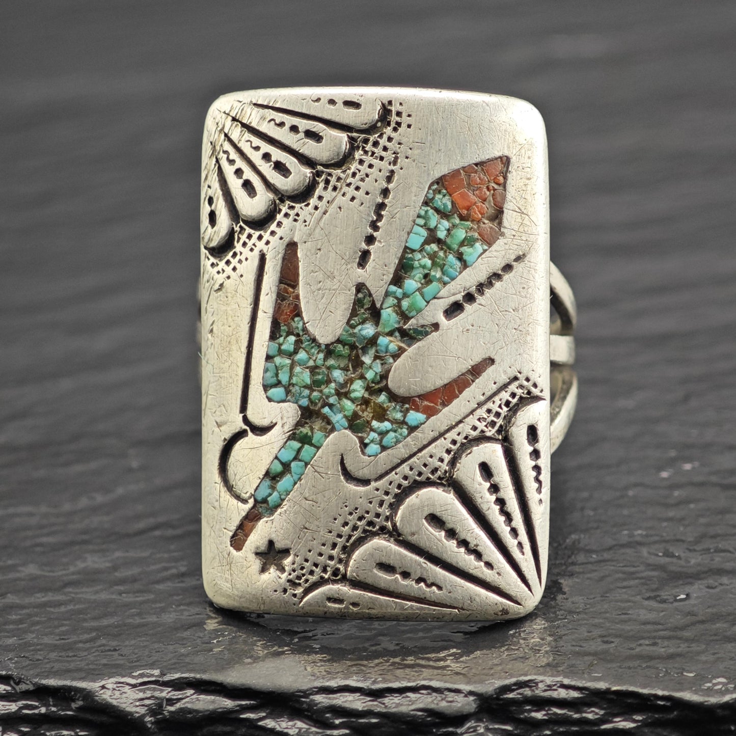 Leonard Haskie Inlay Thunderbird Ring Sterling Silver Sz 12 R6618