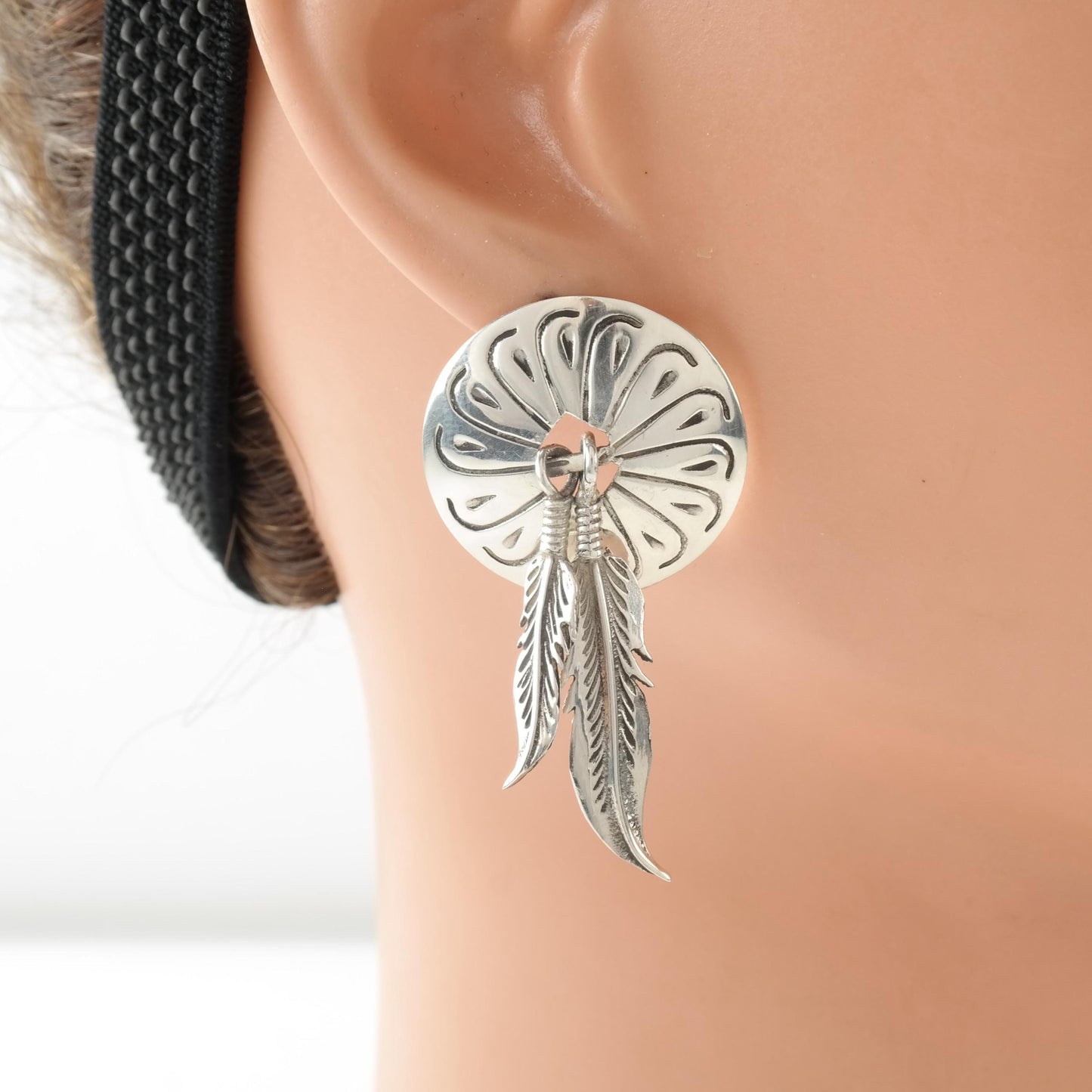 Vintage Concho Feather Stud Earrings Sterling Silver Stamped