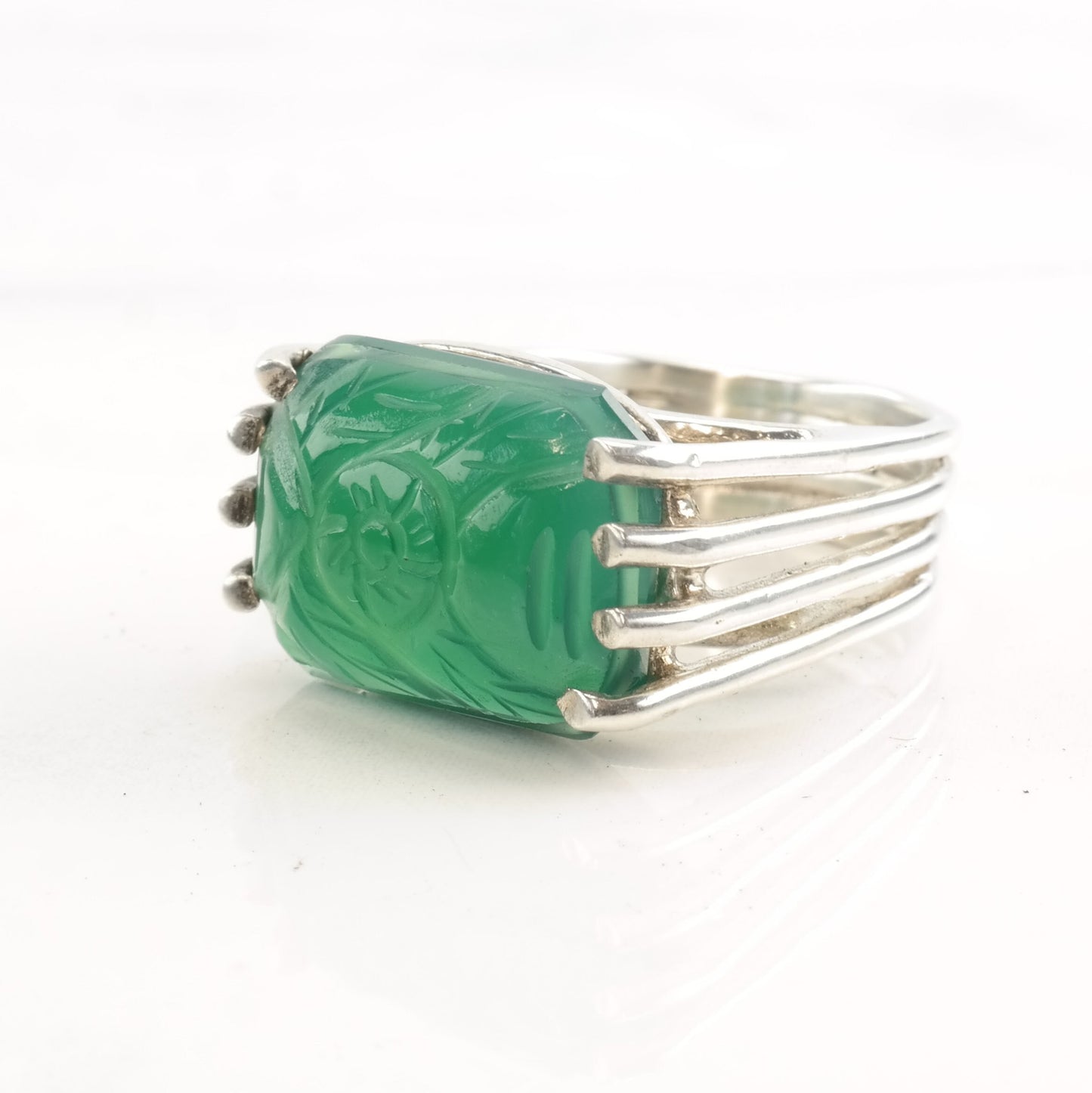 Silver Ring Chrysoprase Floral Carved Size 7