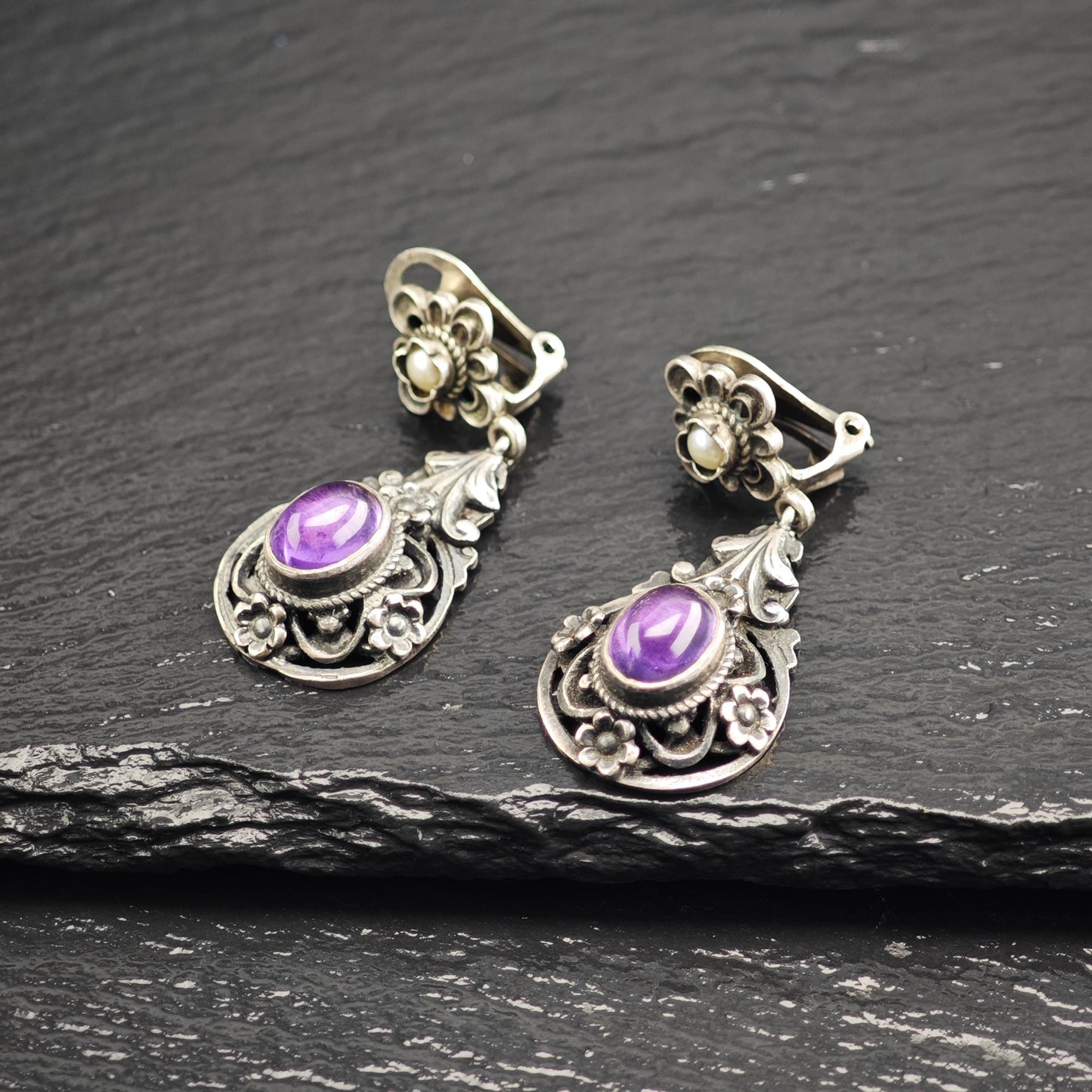 European Art Nouveau Cabochon Amethyst, Pearl Clip On Sterling Silver Earrings ER3197