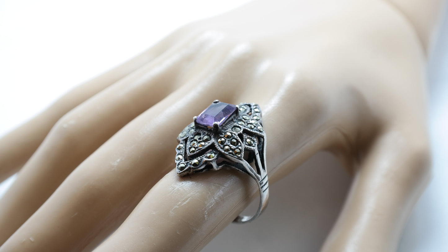 Sterling Silver Ring Amethyst Marcasite Size 10