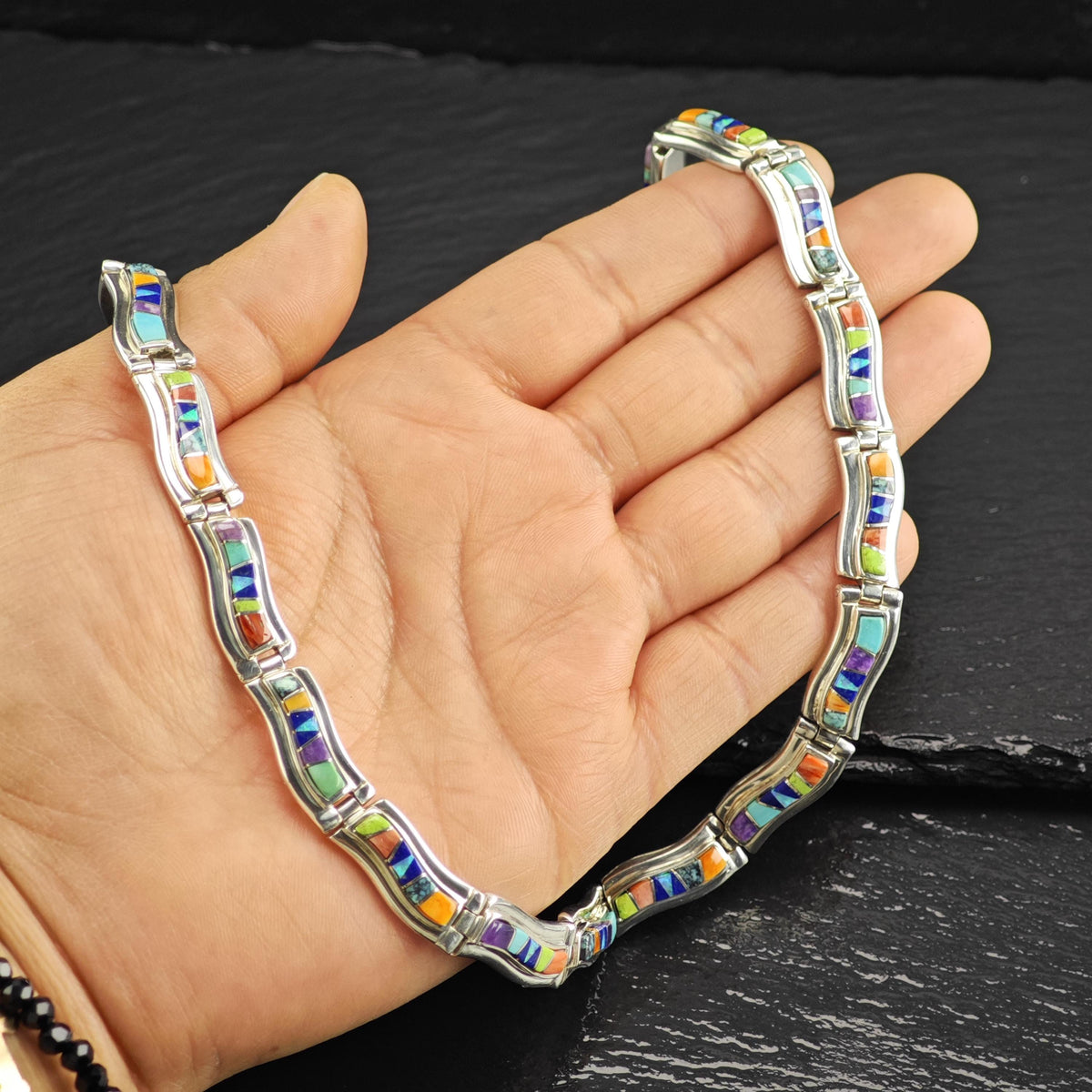 TSF Calvin Begay Inlay Lab Opal, Turquoise Collar Necklace N2787