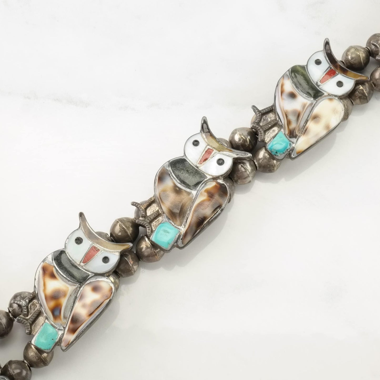 Vintage Native American Sterling Silver Brown, White Multi Stone Owl, Inlay Squash Blossom Necklace