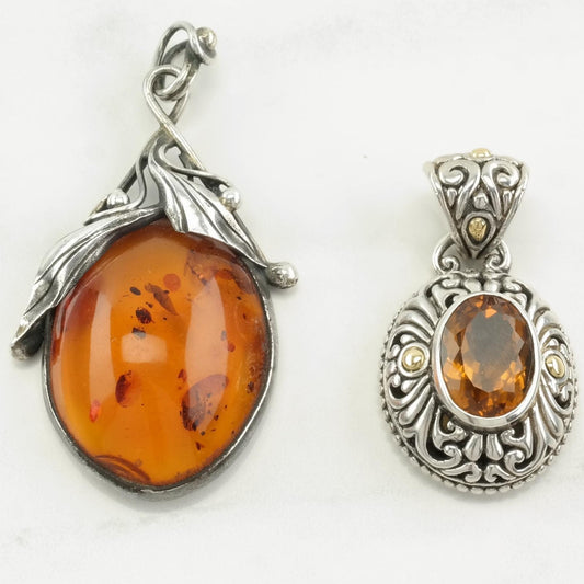 Vintage Baltic Amber, Citrine 18K Gold Accent Sterling Silver Pendant