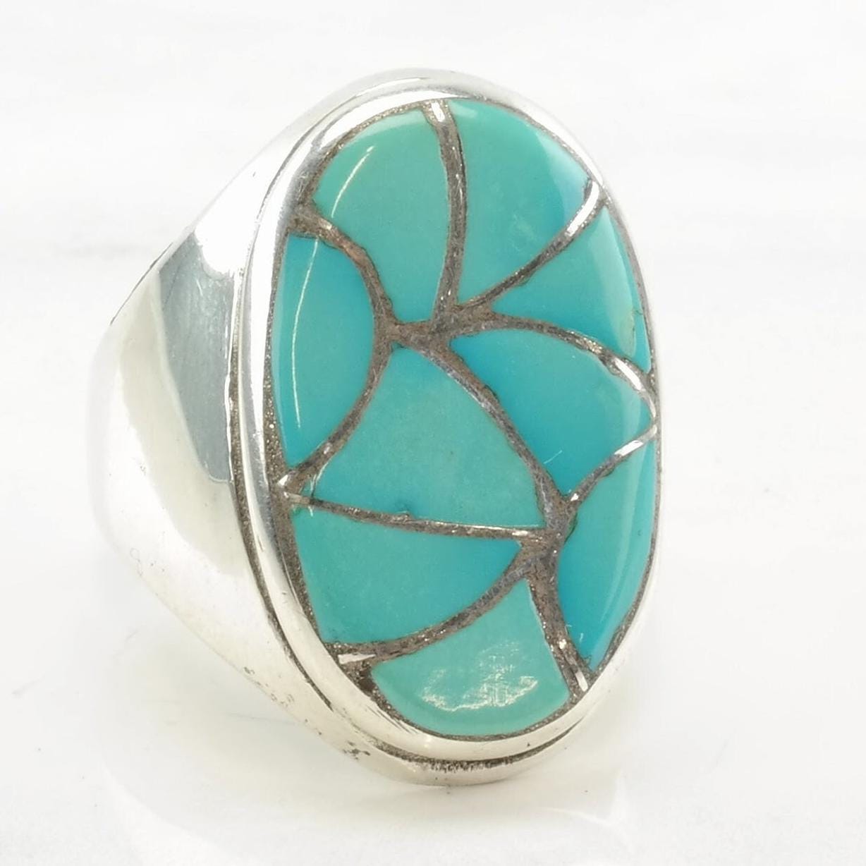 Vintage Zuni Silver Ring Fishscale Inlay Sterling Size 10