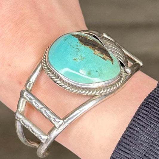 Vintage Sterling Silver Turquoise Cuff Bracelet, Southwestern Jewelry, Statement Cuff, Boho Chic