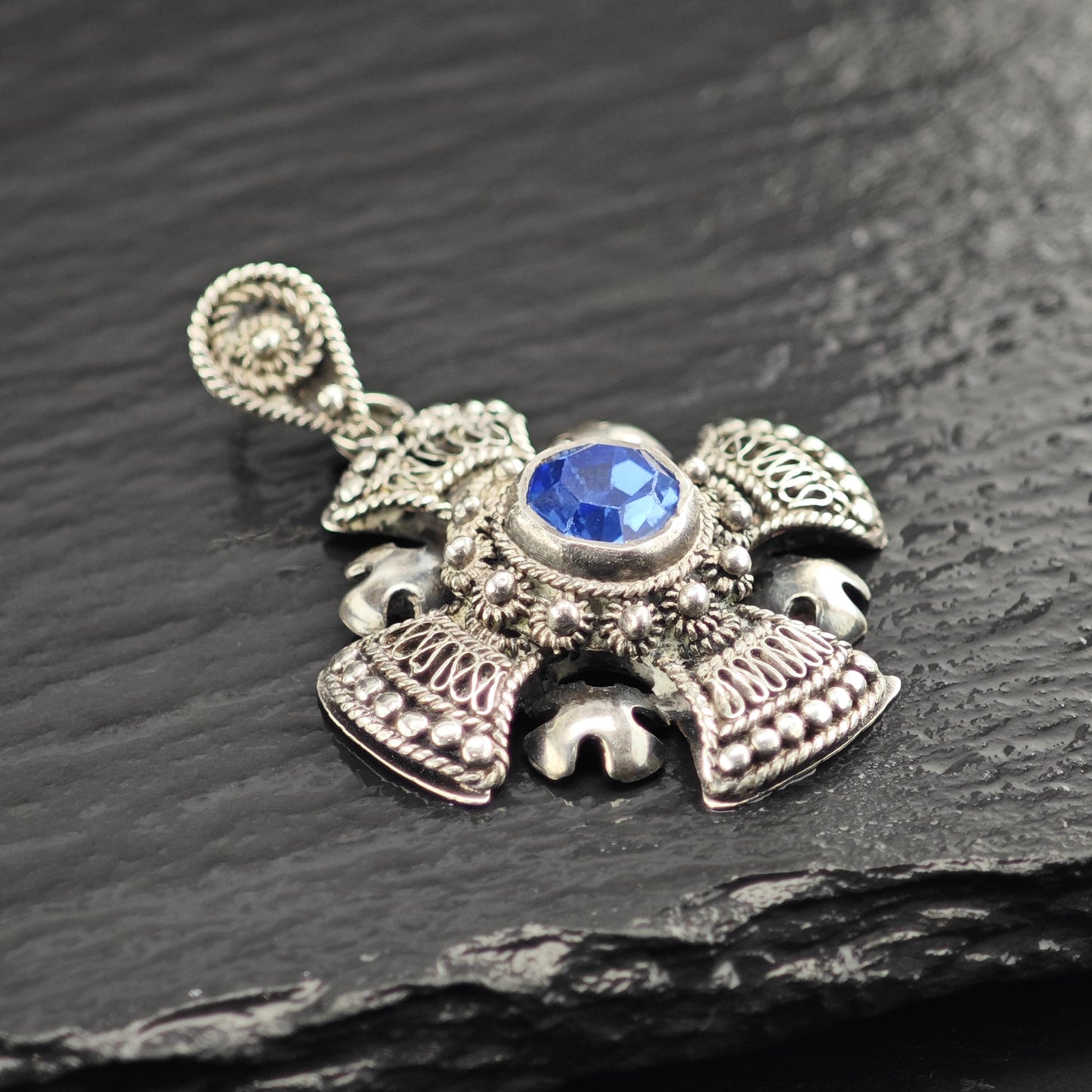 Blue Stone Jerusalem Cross Pendant Sterling Silver P3074