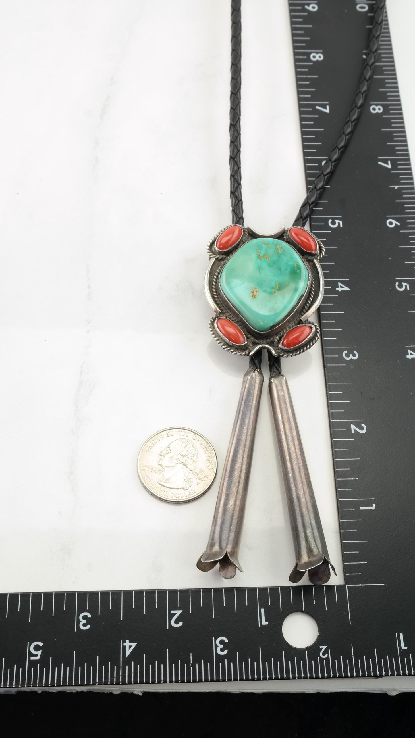 Native American Turquoise Coral Bolo Tie Sterling Silver Necklace