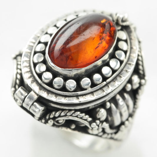 Vintage Amber Poison Ring, Sterling Silver Size 7 1/4