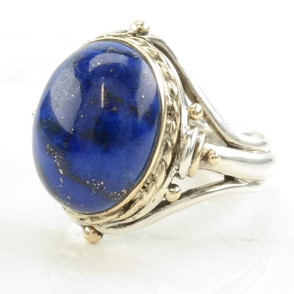 Vintage Sterling Silver Ring Lapis Lazuli Gold Toned Accents Blue Size 14