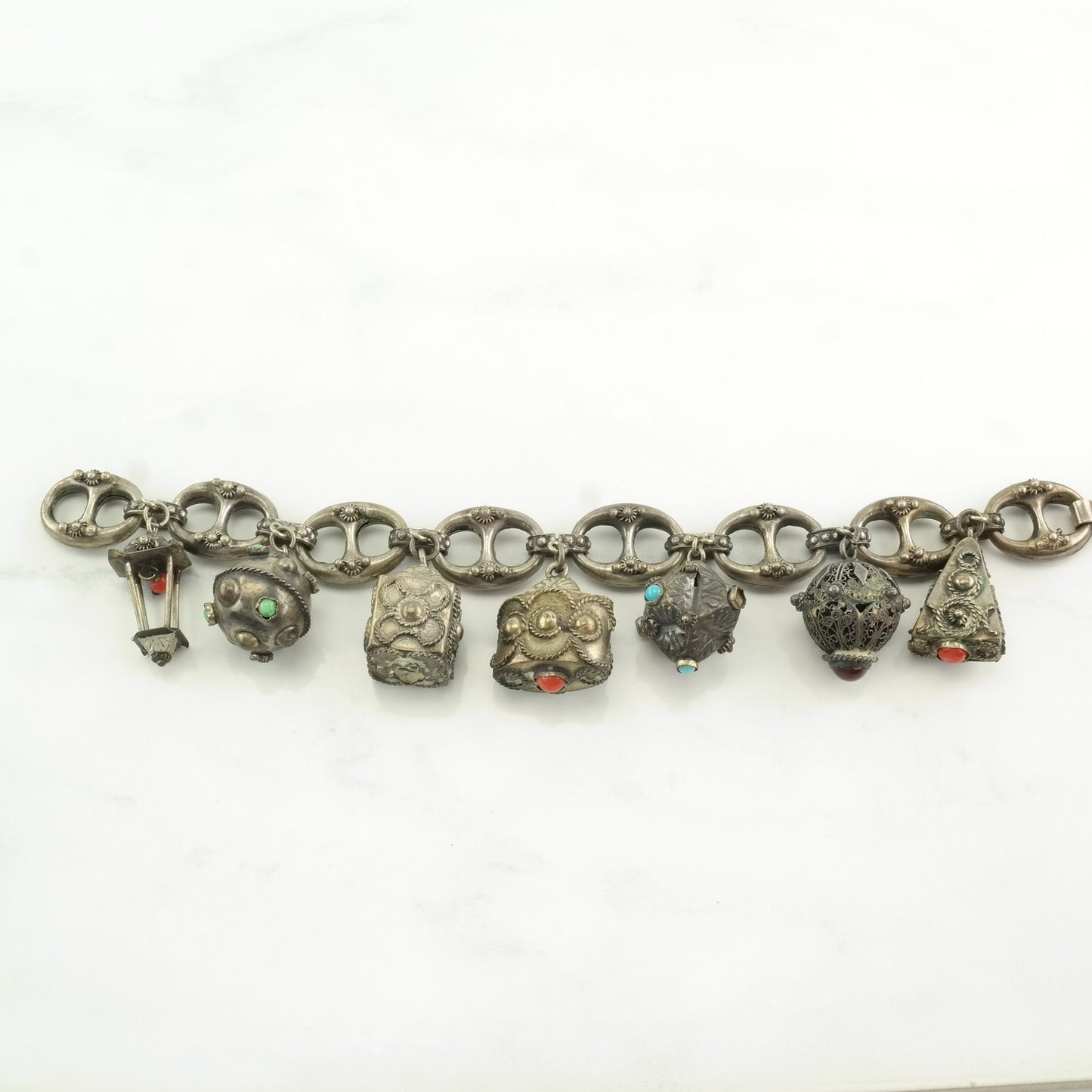 Missing Stones Etruscan Revival Sterling Silver Charm Bracelet Faux Turquoise, Coral, Carnelian