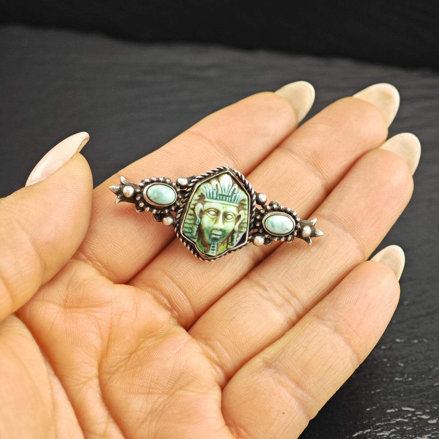 Egyptian Revival Green Turquoise Sterling Silver Brooch