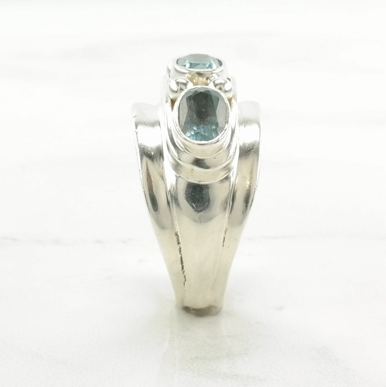 Heavy Sterling Silver Ring Topaz, Three Stone Blue Size 9