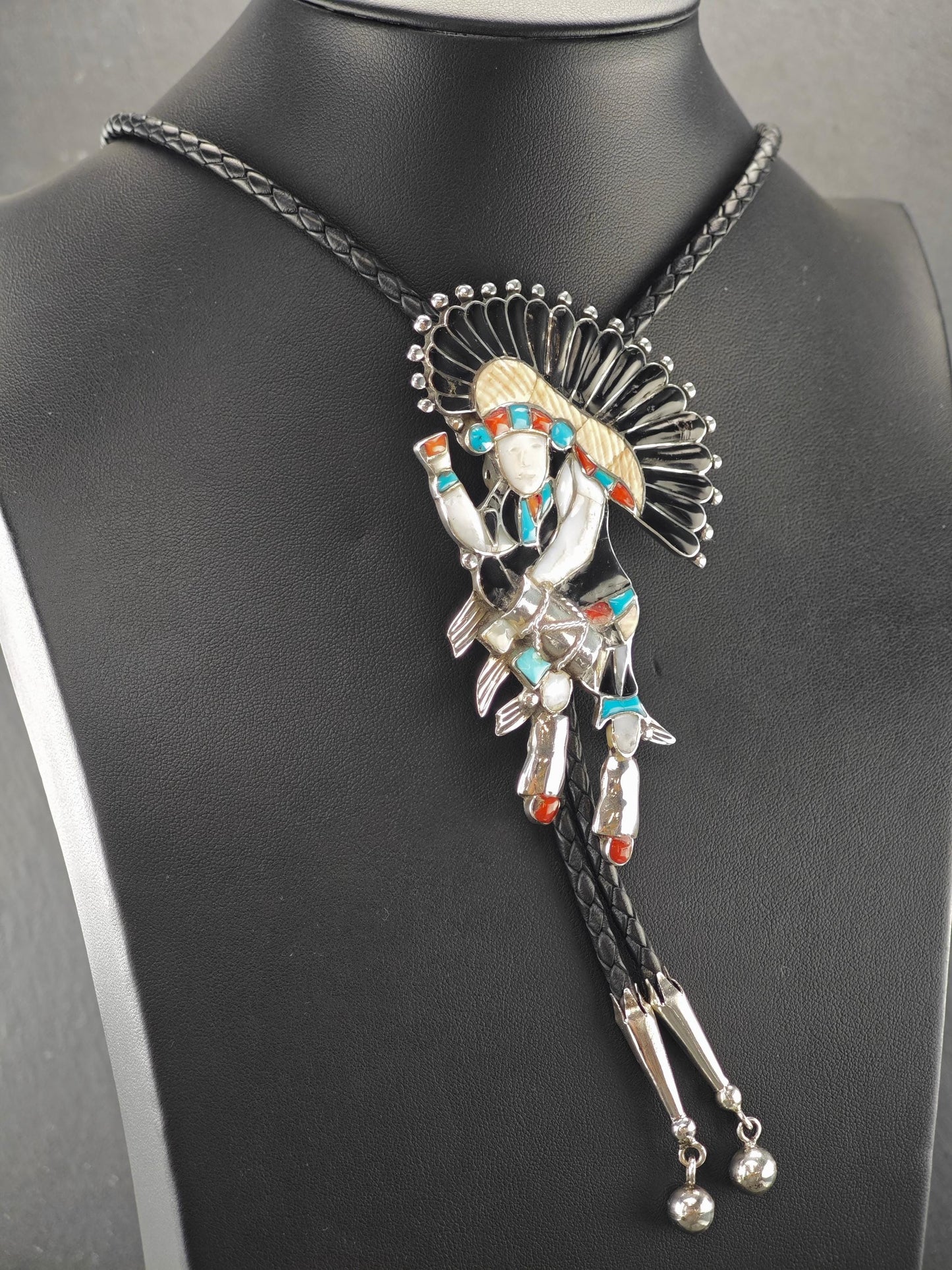 Sw Sterling Silver Inlay Drum Dancer, Kachina Bolo Tie Necklace N2429