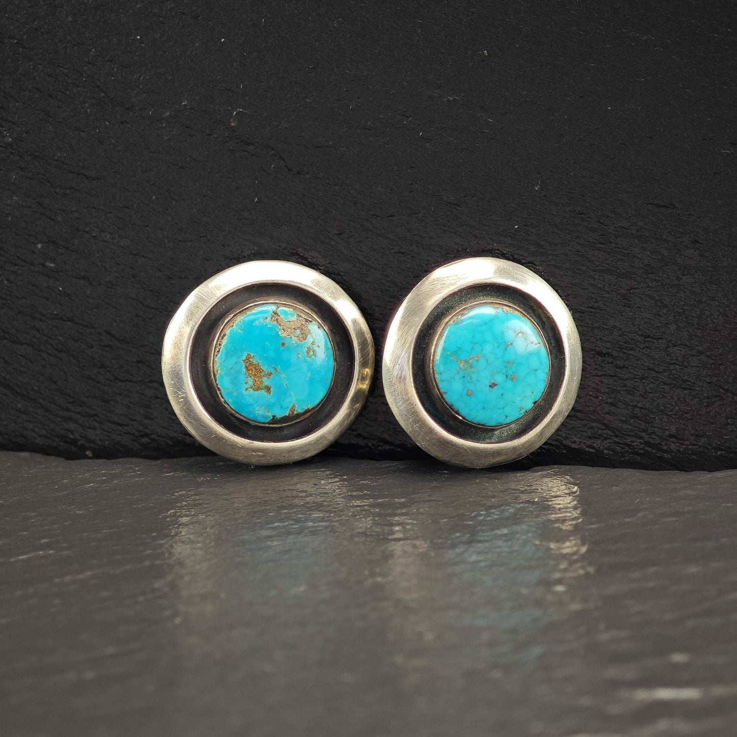 Native American Blue Turquoise, Shadowbox Clip On Earrings Sterling Silver
