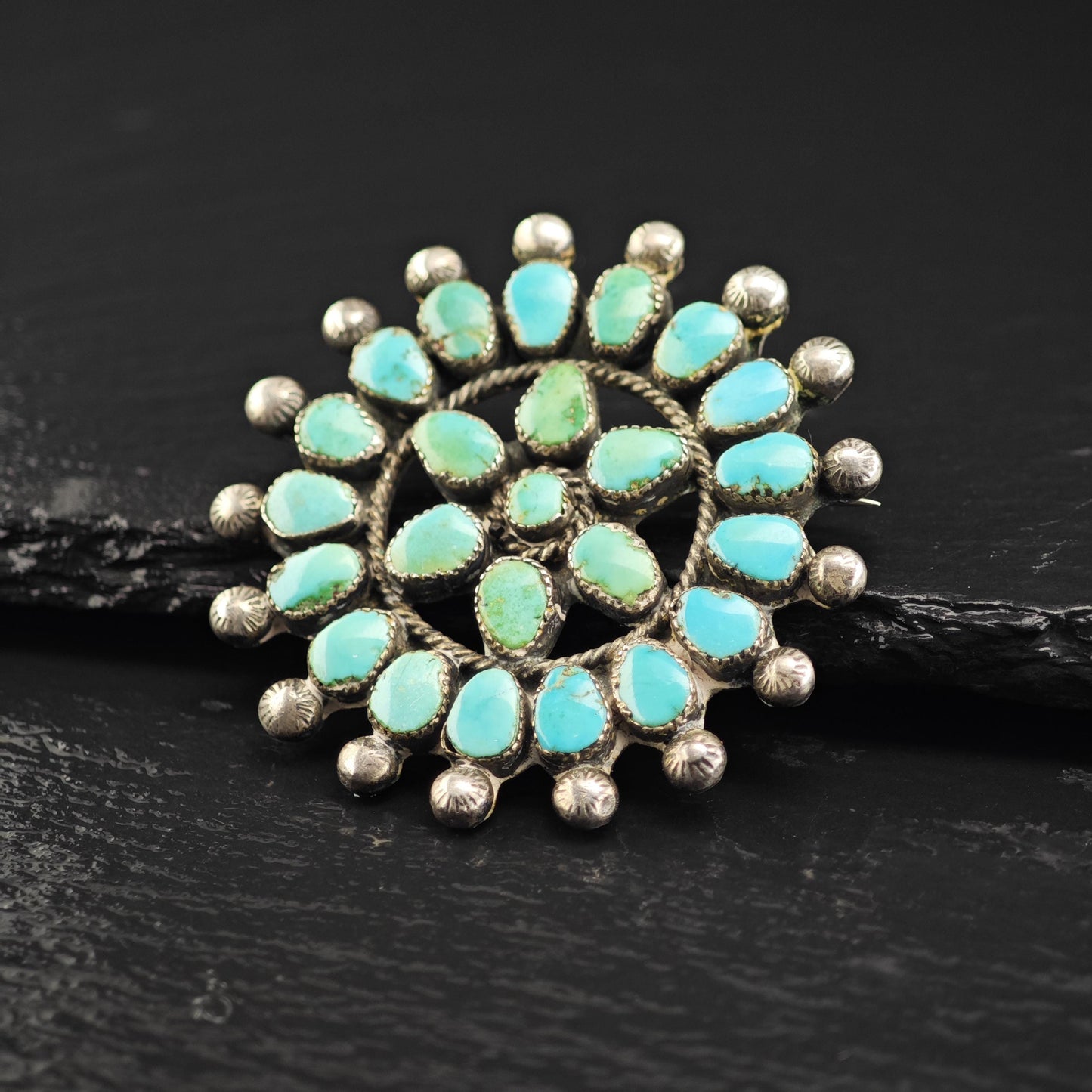 Floral Turquoise Cluster Sterling Silver Brooch