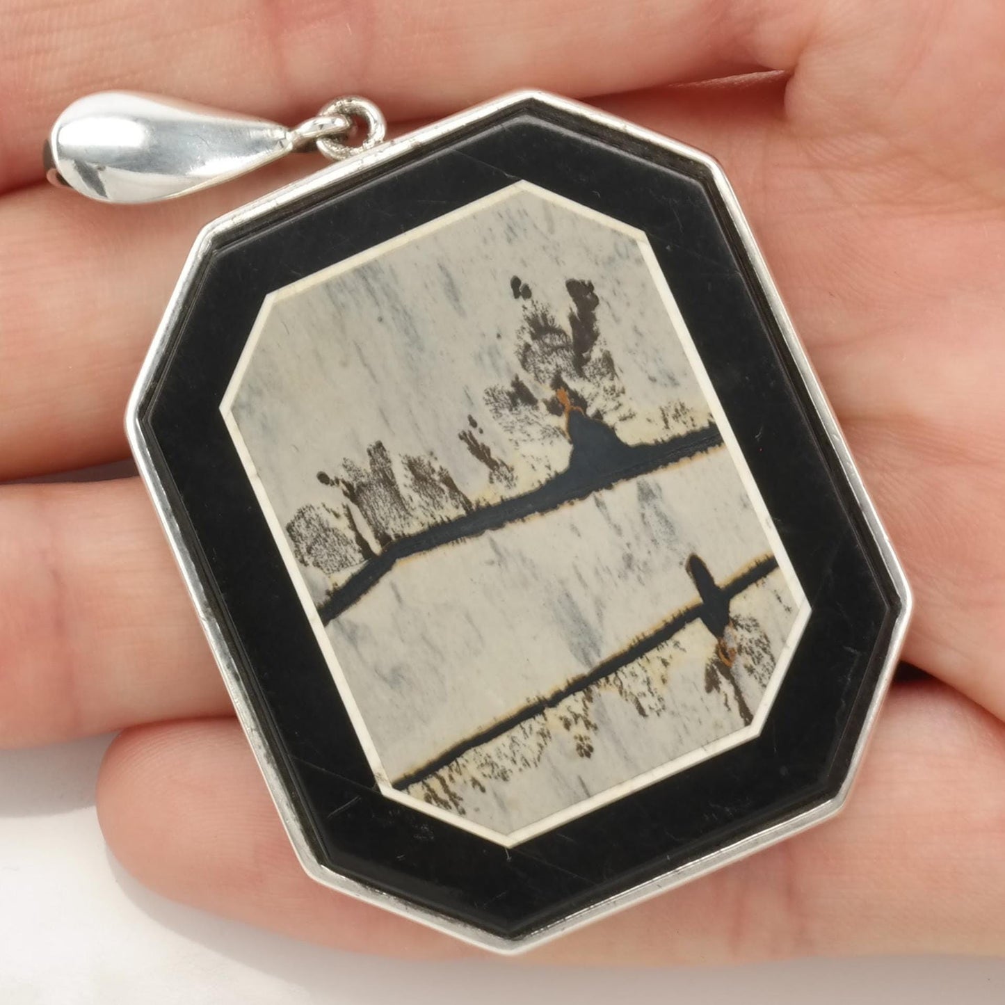 Vintage OOAK Modernist Intarsia, Onyx, Dendritic Agate Frame Sterling Silver Pendant