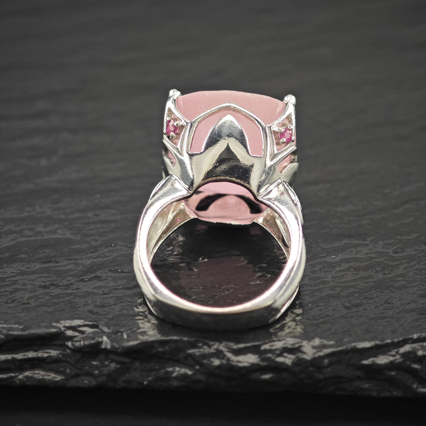 Large Faceted Pink Gemstone, Ruby Accents Ring Sterling Silver Size 8