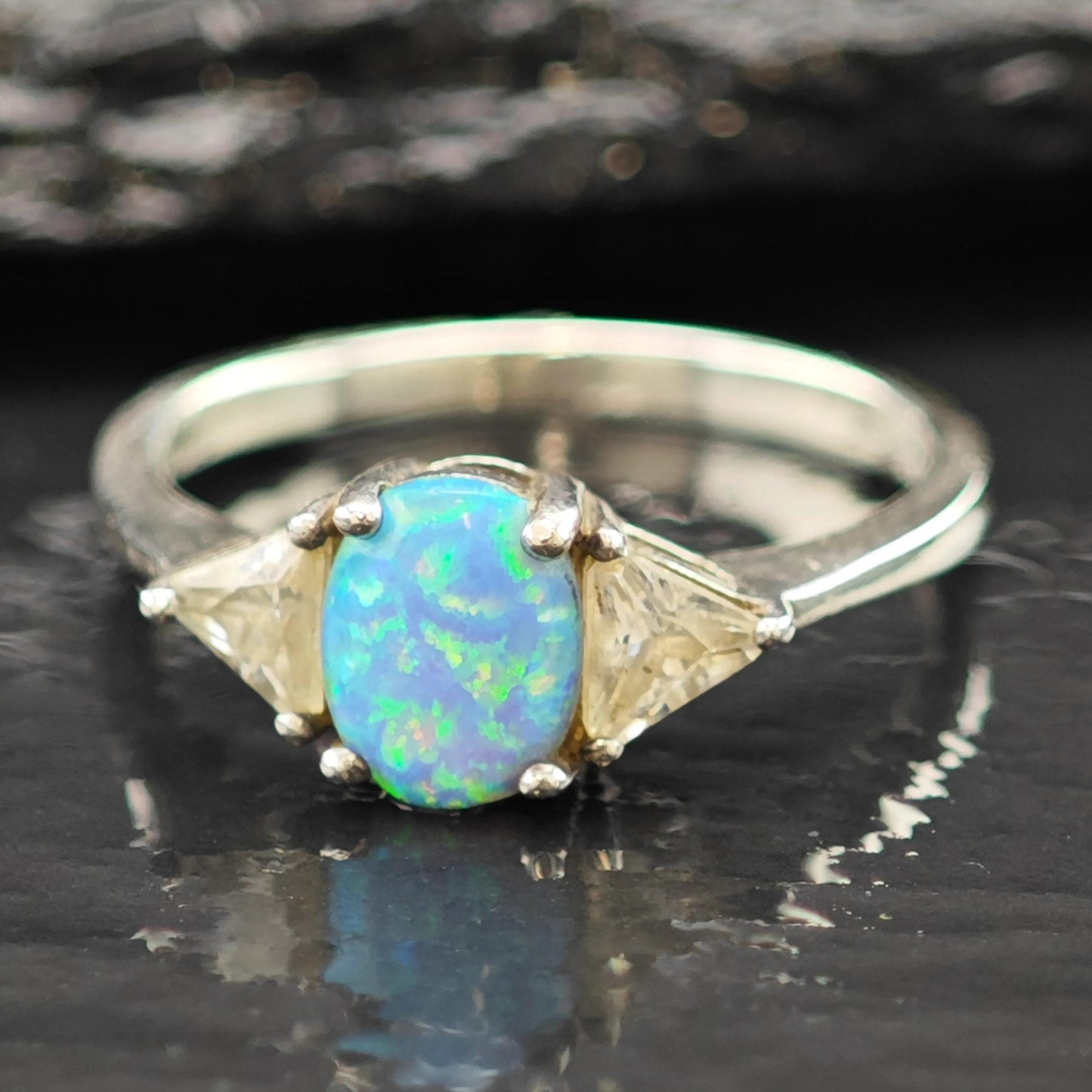 Sterling Silver Ring Lab Opal and CZ Stone Size 7 3/4 R6218
