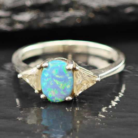 Sterling Silver Ring Lab Opal and CZ Stone Size 7 3/4 R6218