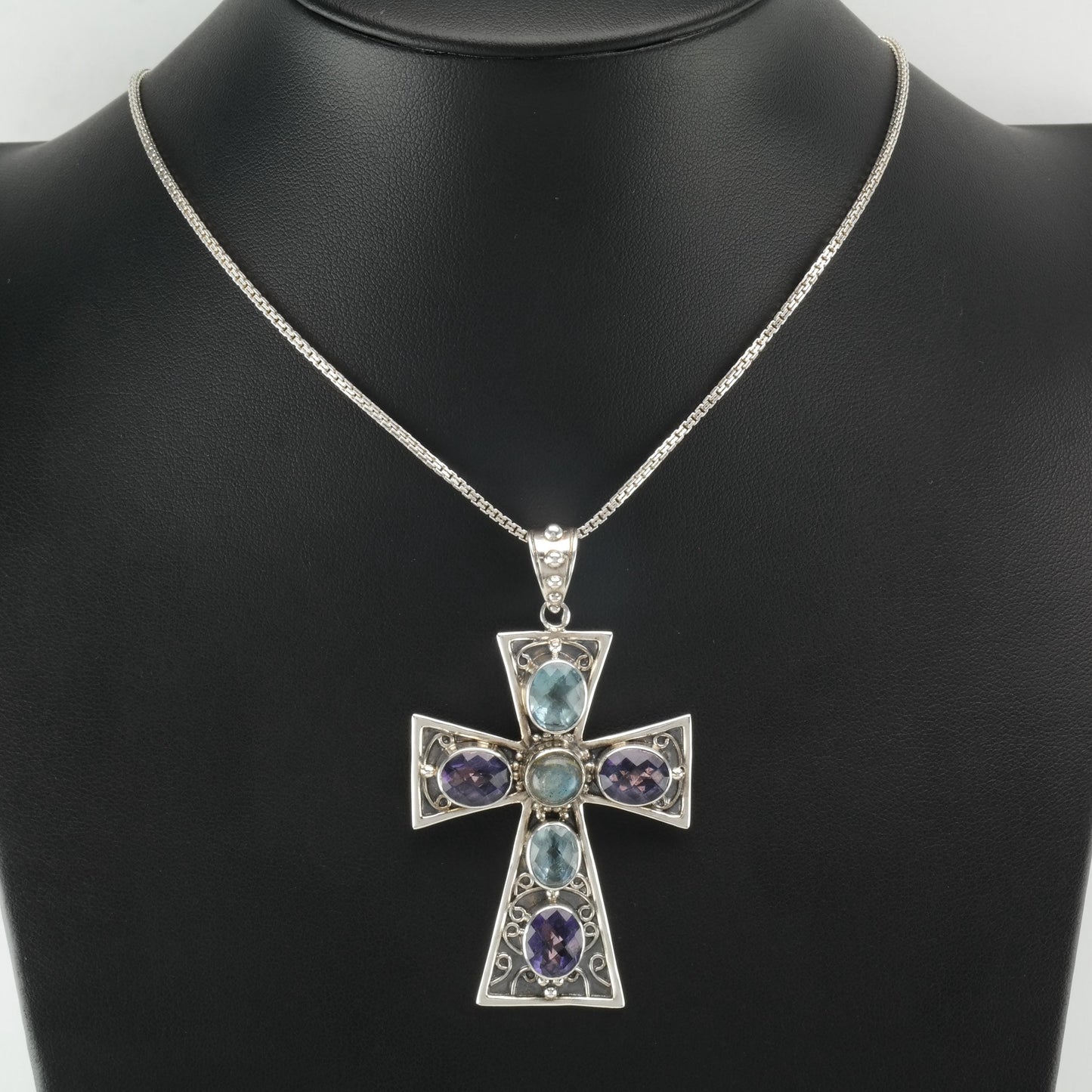 Vintage Nicky Butler Gemstone Sterling Silver Cross Necklace N2410
