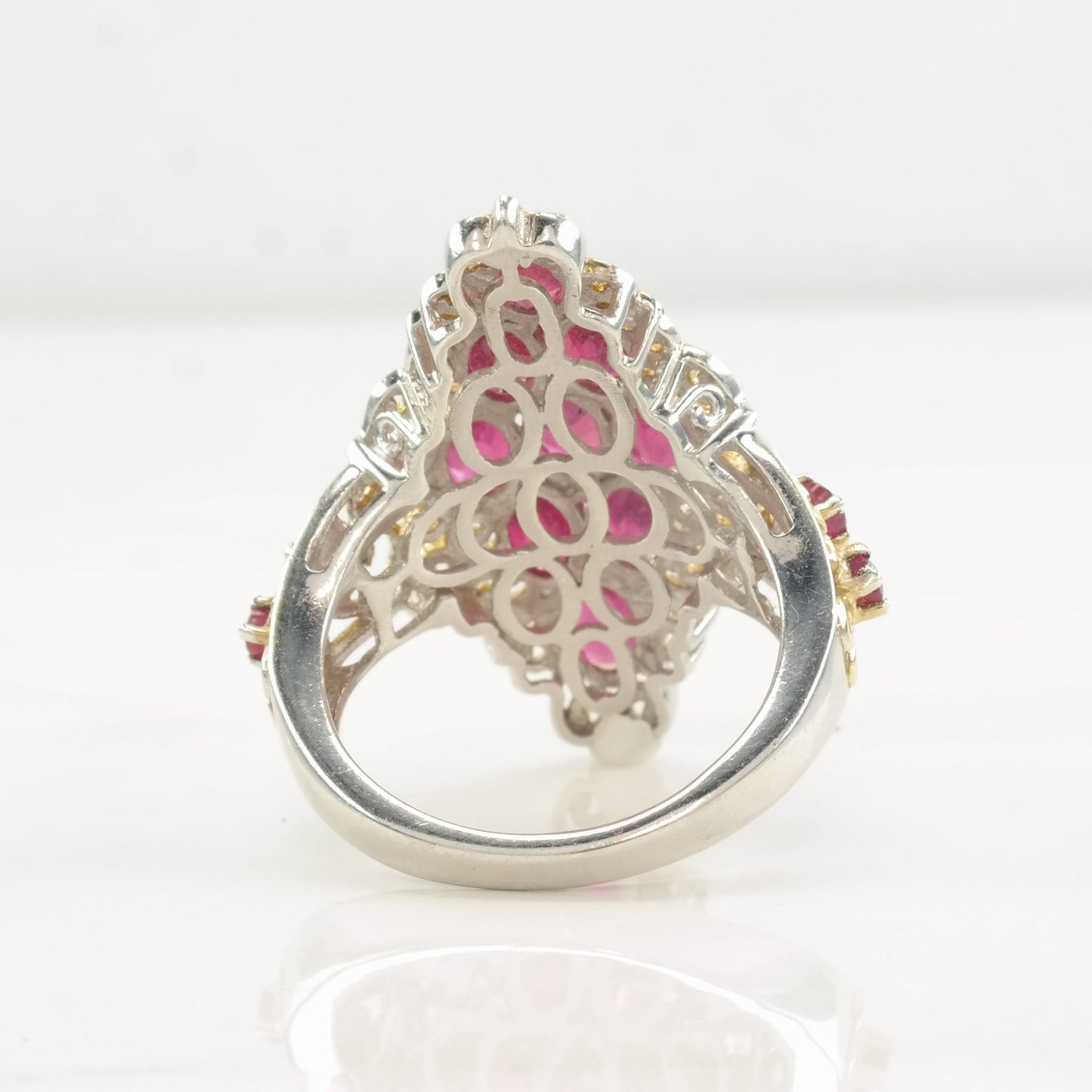 Vintage STS Ring Glass Filled Ruby, Cluster Gold Tone Sterling Silver Size 9 1/4