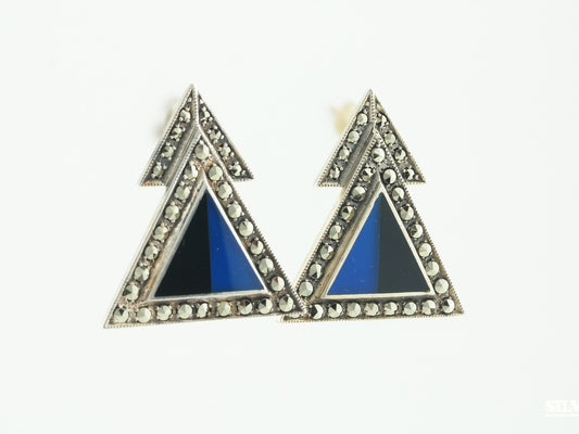 Geometric Sterling Silver Blue Black Enamel Marcasite Earrings