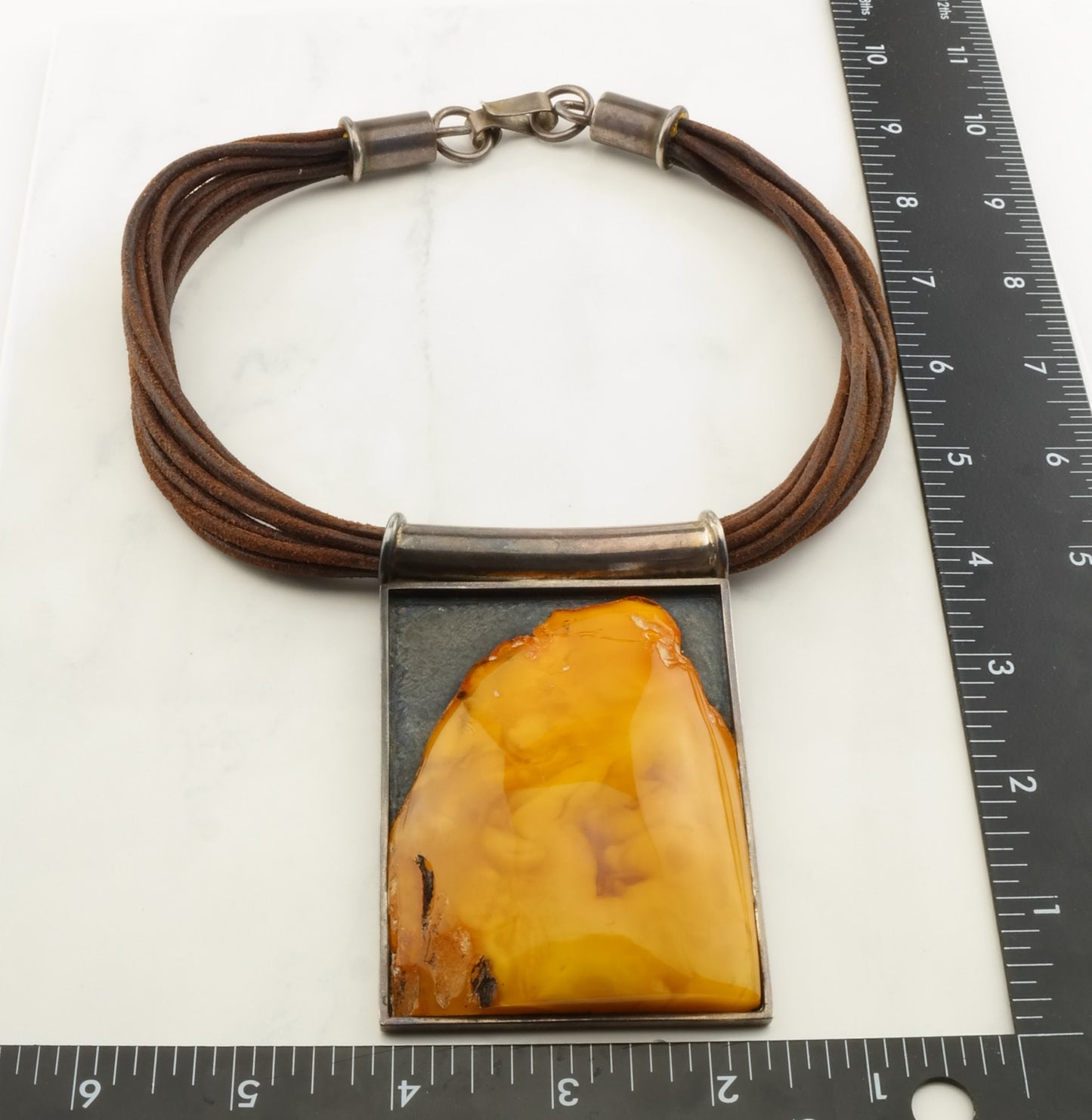 Modernist Amber, Leather and Sterling Silver Necklace