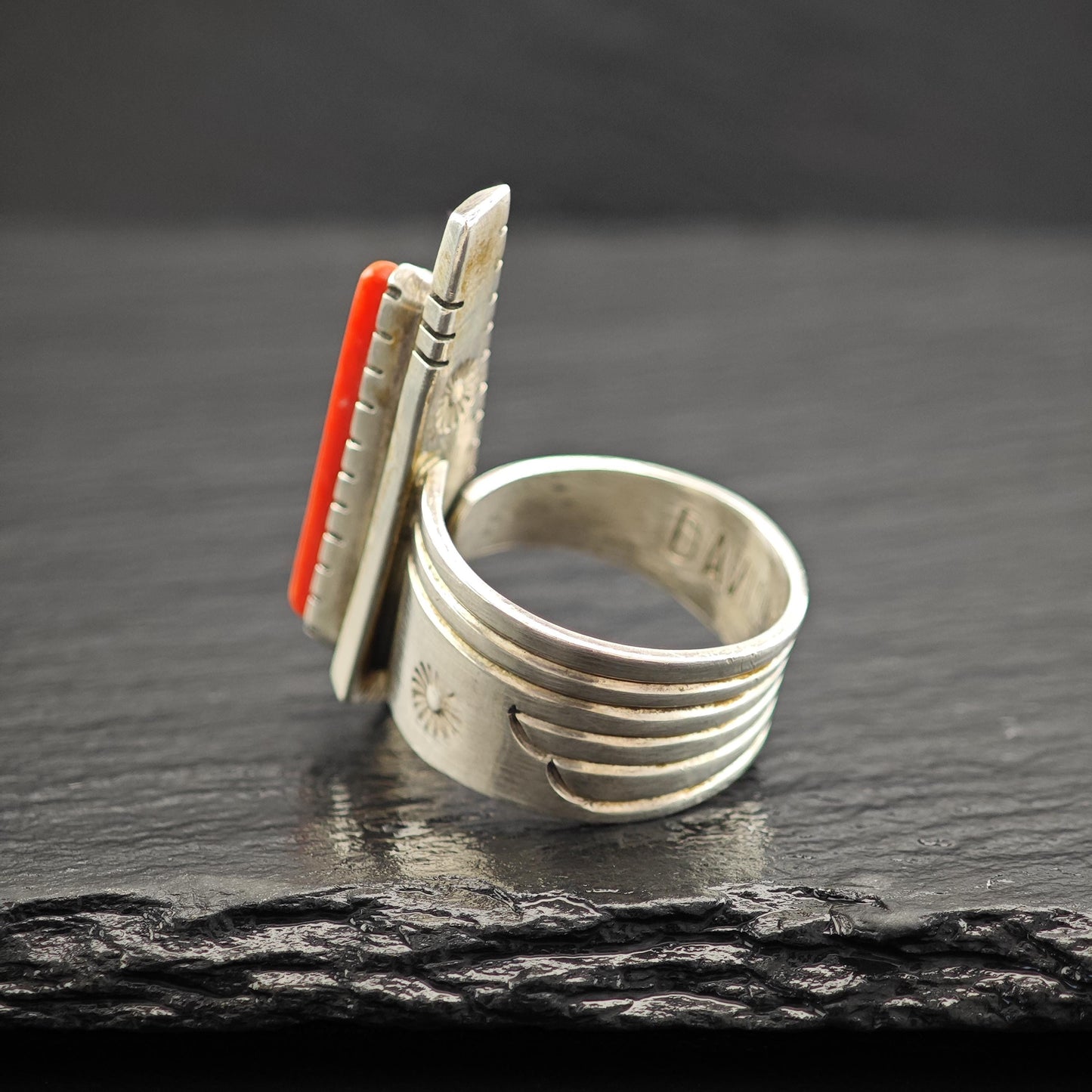 David Tune Inlay Ring Coral Turquoise Sterling Silver MOP R5809