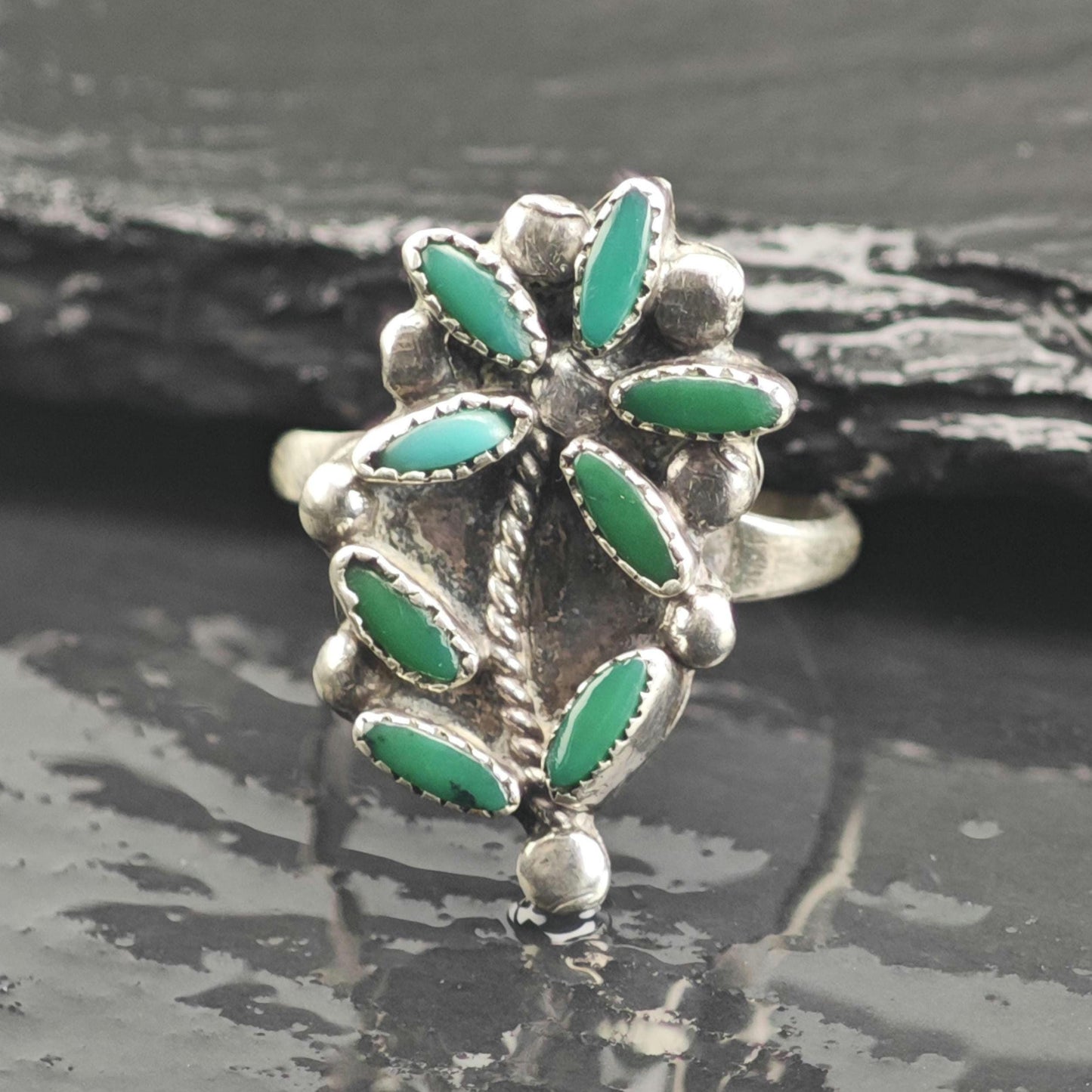 AS IS Petit Point Turquoise Flower Sterling Silver Ring Sz 7 R6666