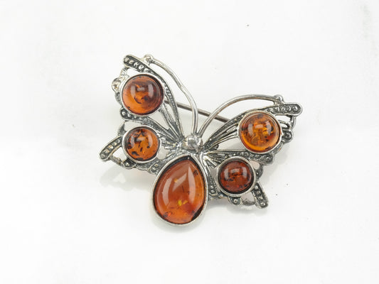 Silver Brooch Butterfly Amber Sterling