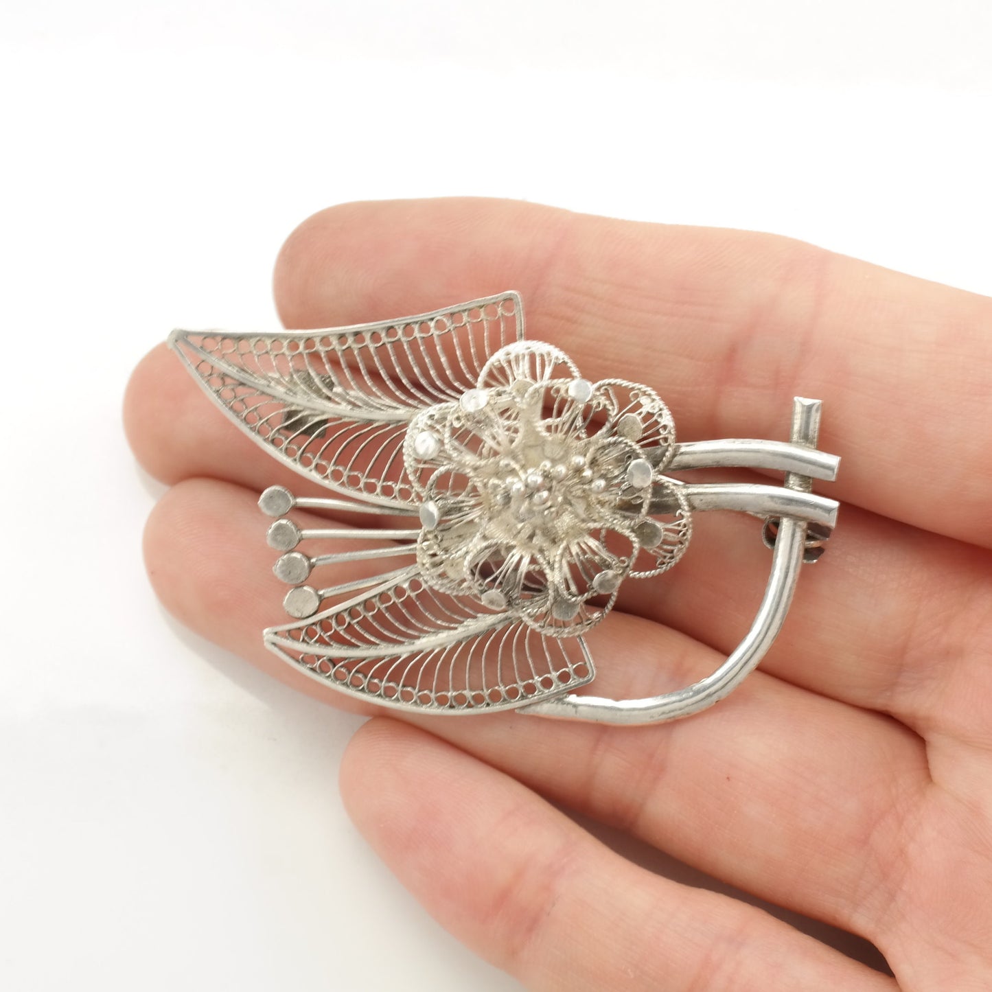 Silver Brooch Filigree Flower Sterling