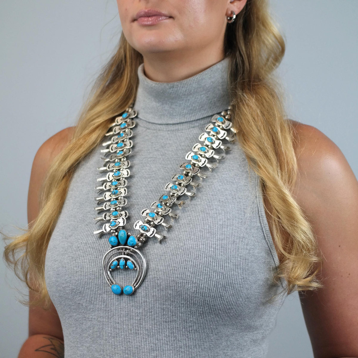 Vintage Navajo, Native American Turquoise Sterling Silver Squash Blossom Necklace N2766