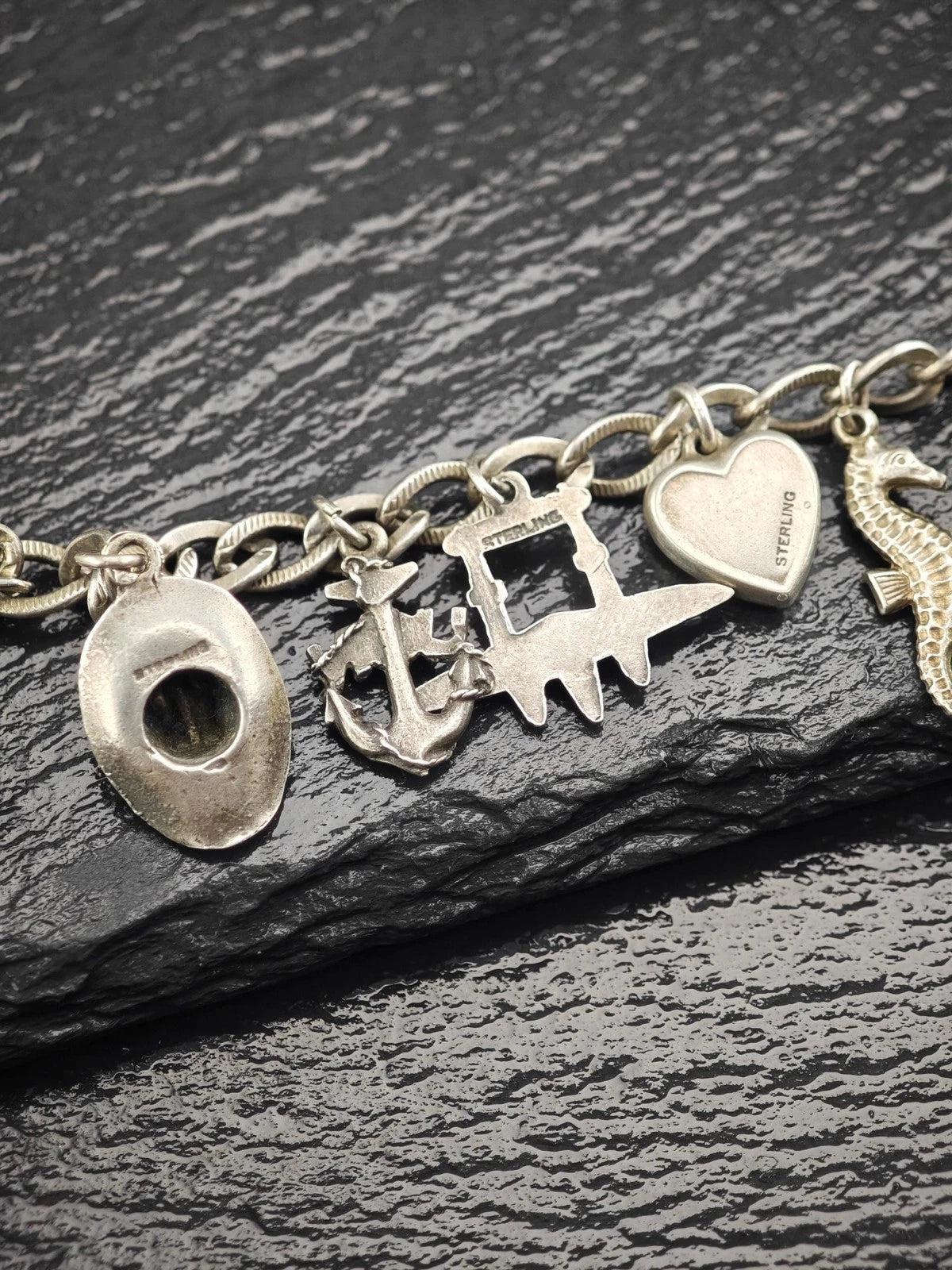 1930's WWII USN, Enamel Heart Charm, Bracelet Sterling Silver BR2911