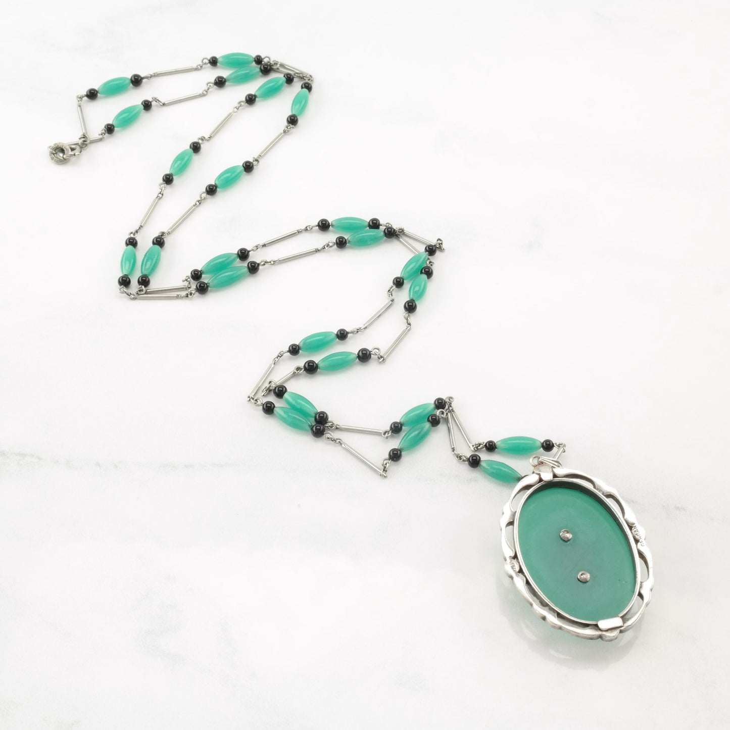 Art Deco Chrysoprase, Onyx, Marcasite Sterling Silver Necklace N2375