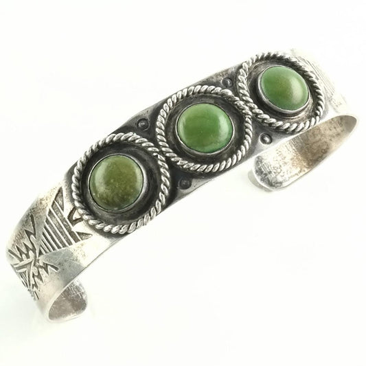 Fred Harvey Era Sterling Silver Cuff Bracelet Green Turquoise Stamped