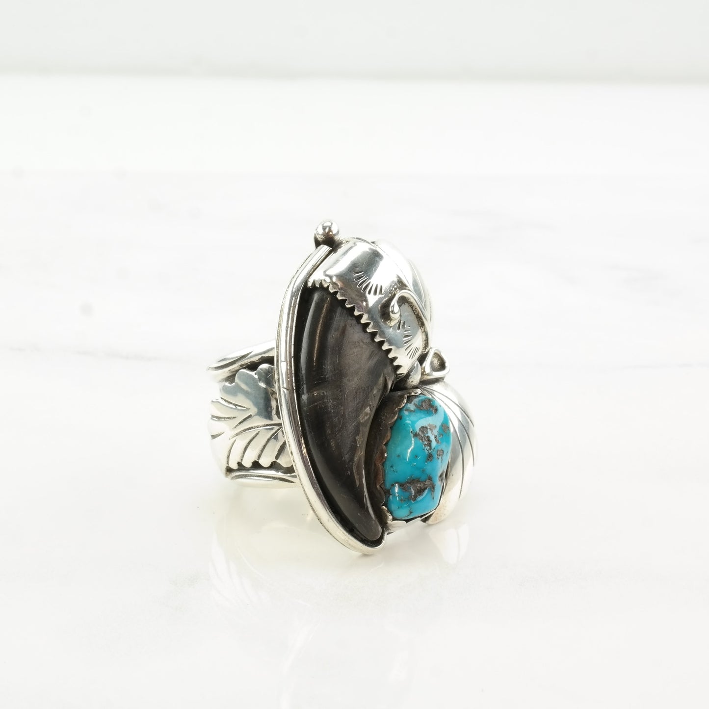 Native American Silver Ring Turquoise Fang Leaf Stamped Sterling Size 9 1/2