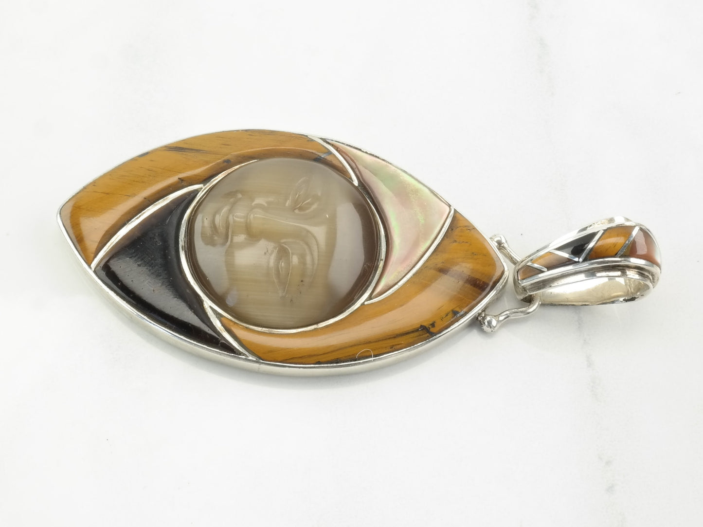 Vintage Sajen Abalone Tiger's Eye Quartz Carved Face Sterling Silver Pendant