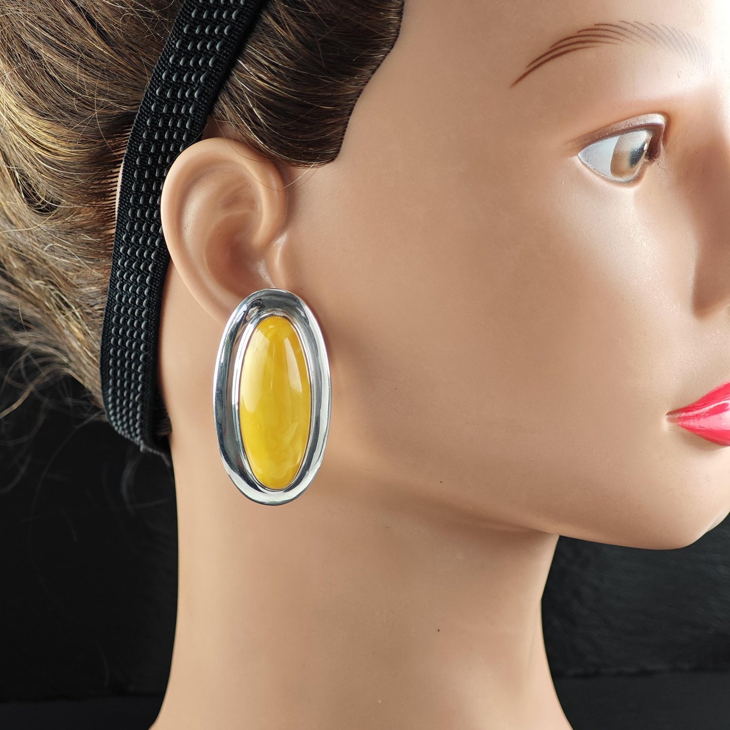 Large Oval Sterling Silver Butterscotch Amber StudClip-On Earrings MODERNIST Design