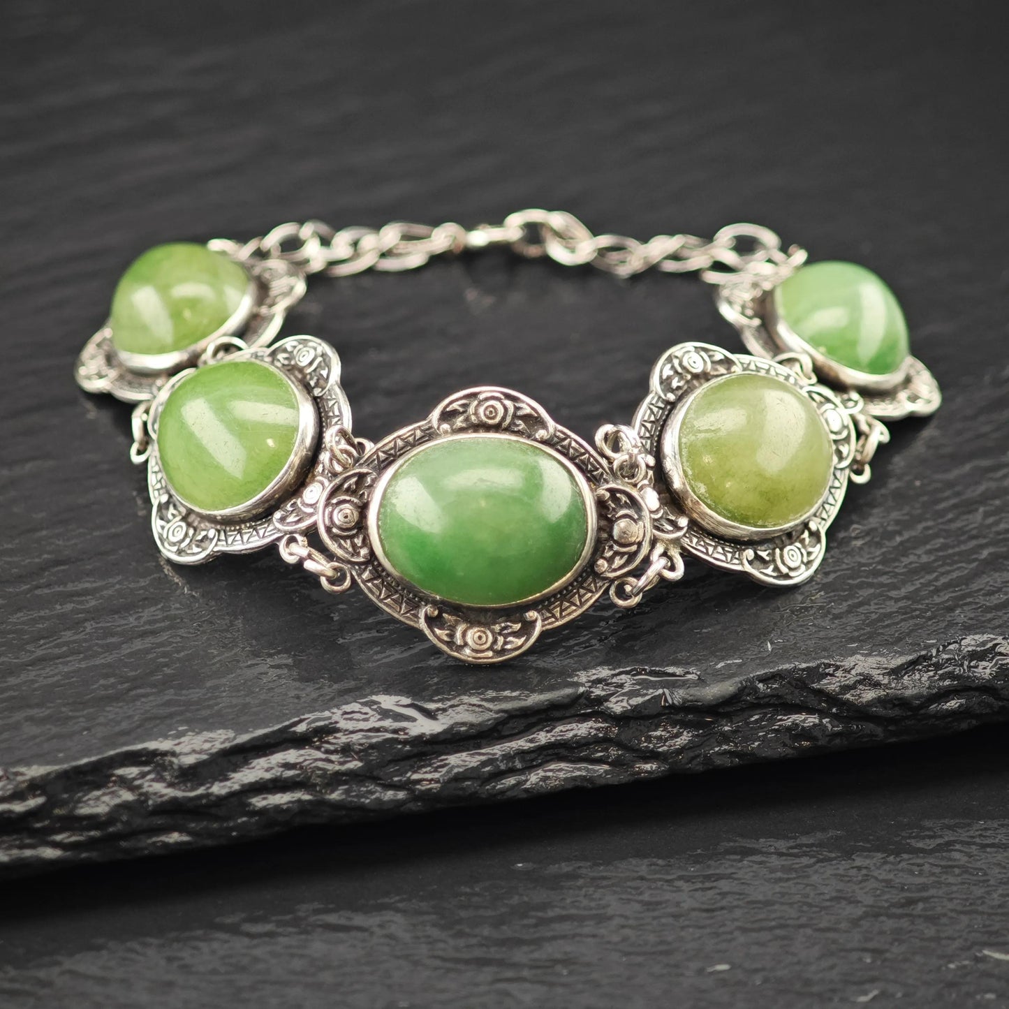 Antique Green Gemstone Cabochons Bracelet Sterling Silver Size 7 1/4"