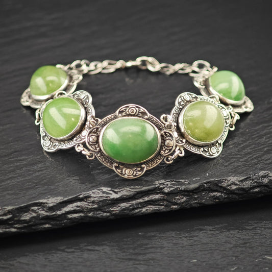 Antique Green Gemstone Cabochons Bracelet Sterling Silver Size 7 1/4"