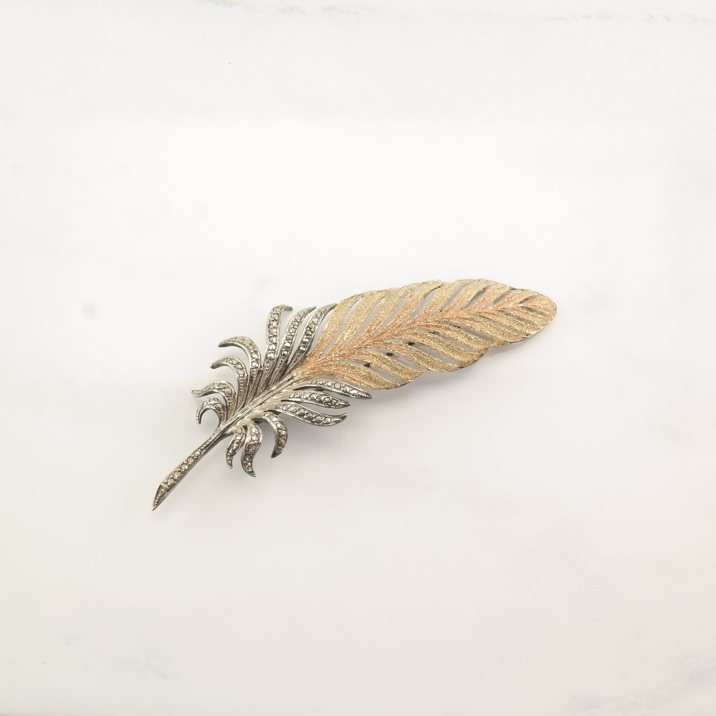 Art Deco Sterling Silver Brooch Large Feather Gold Accent Marcasite