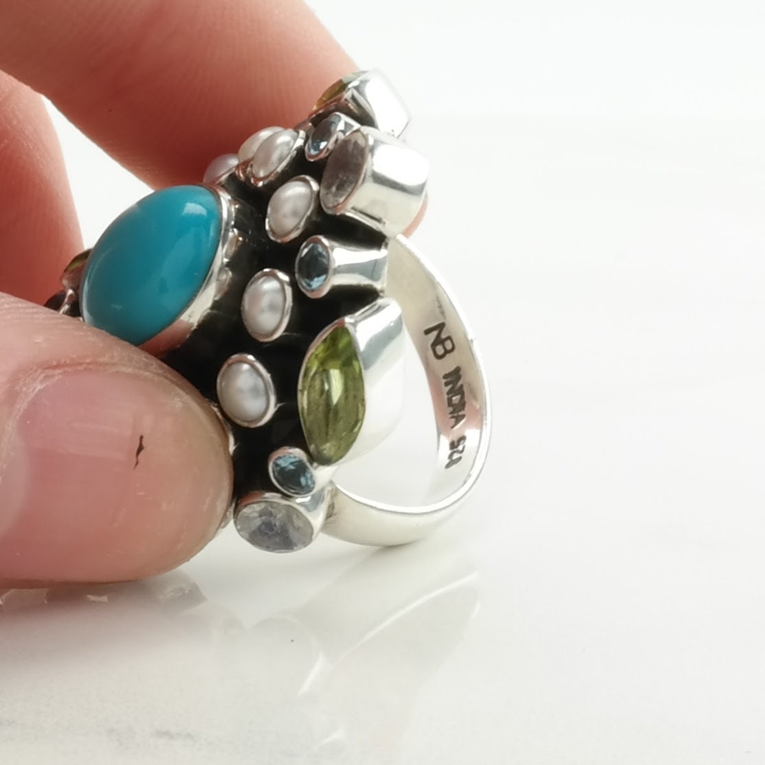 Nicky Butler Silver Ring Turquoise, Pearl, Peridot Cluster Sterling Size 7 1/4