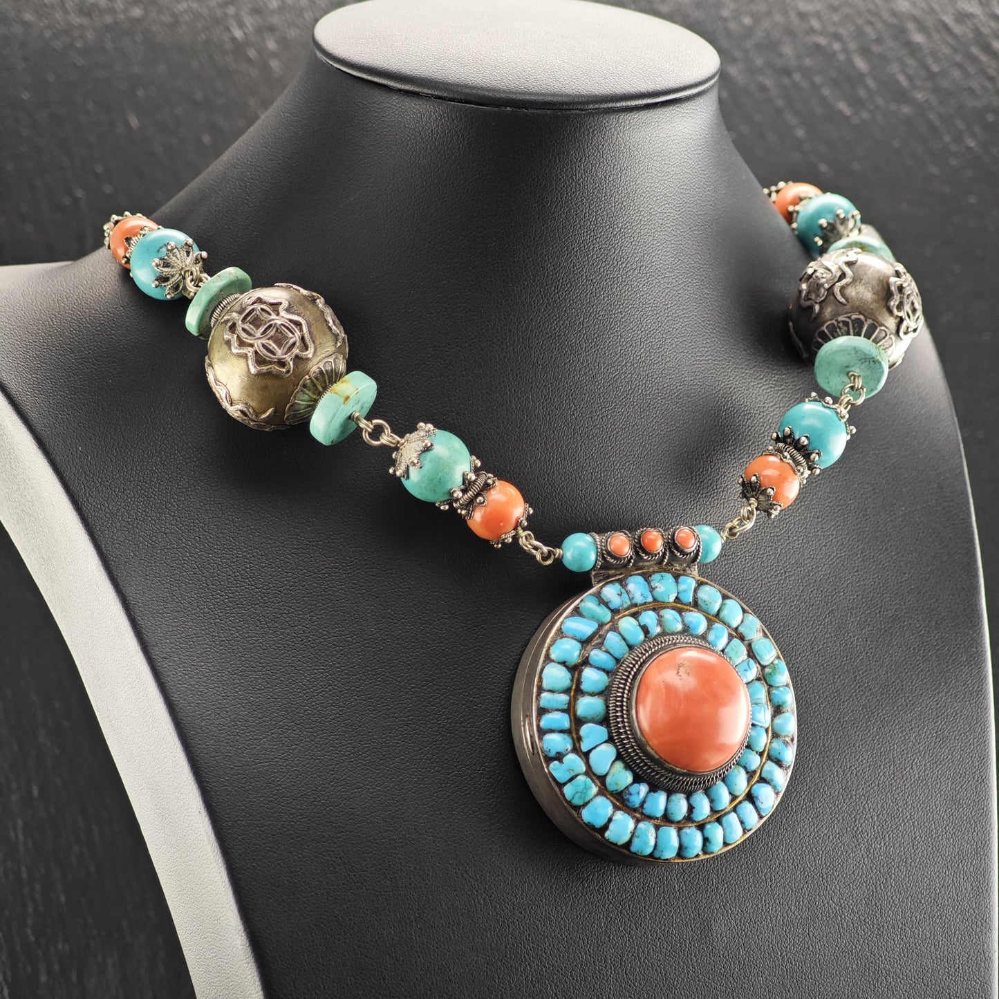 Authentic Nepalese Turquoise, Coral Lg Locket Necklace Sterling Silver N2577