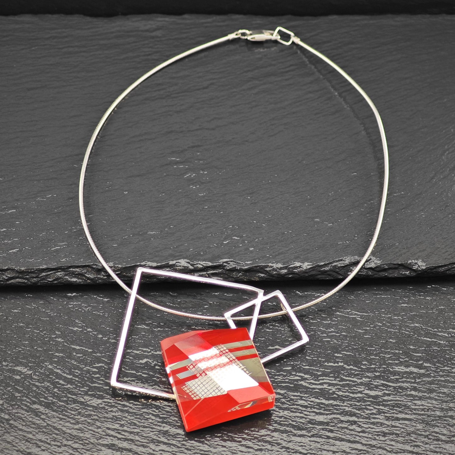 Pavel Novak Sterling Silver Red Glass Abstract, Modernist Necklace