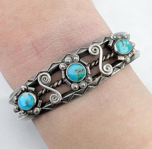 Native American Blue Gem Turquoise Cuff Bracelet Sterling Silver