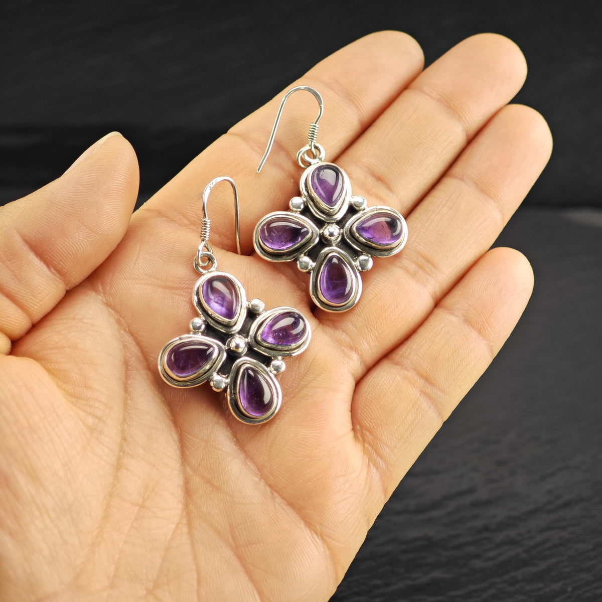 Amethyst Clover Design Dangle Sterling Silver Earrings ER3238