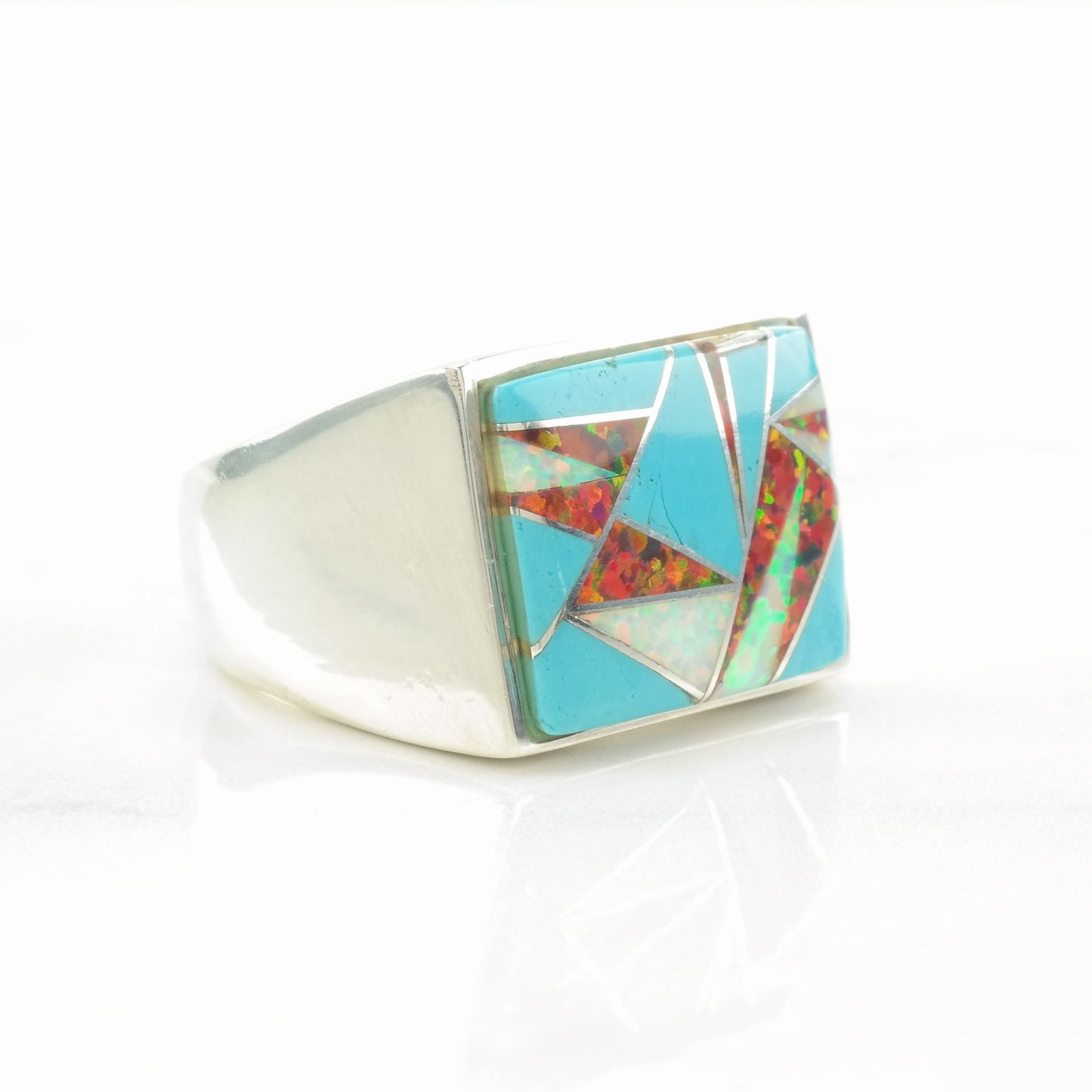 Southwest Sterling Silver Ring with Turquoise and Lab Opal Inlay | Size 10 3/4 | Men's Statement Ring