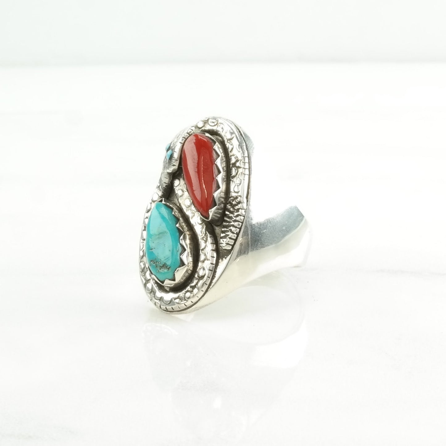 Zuni Silver Ring Turquoise, Coral Snake Sterling Blue, Red Size 11 1/2