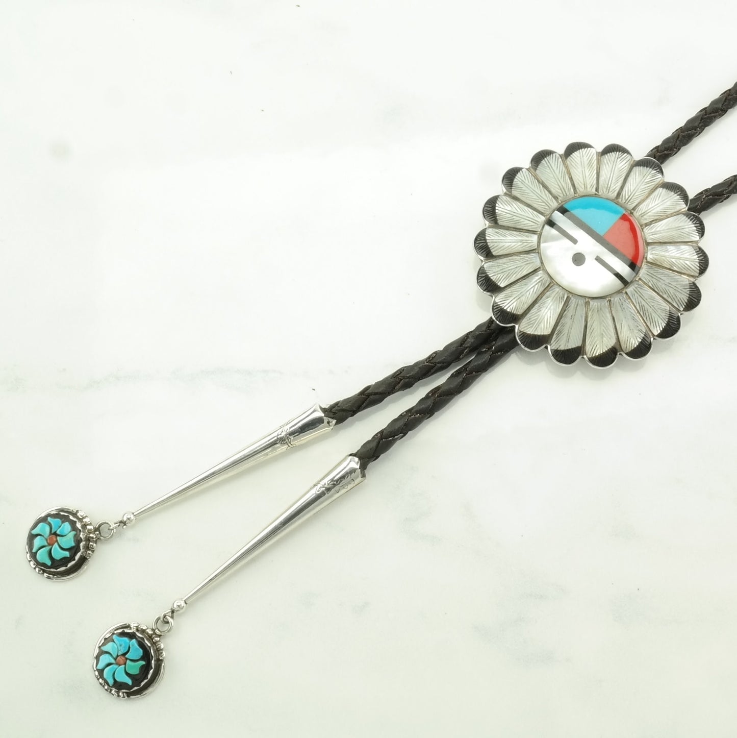 Vintage Bolo Tie Native American Sterling Silver Feather, Sun Inlay Necklace